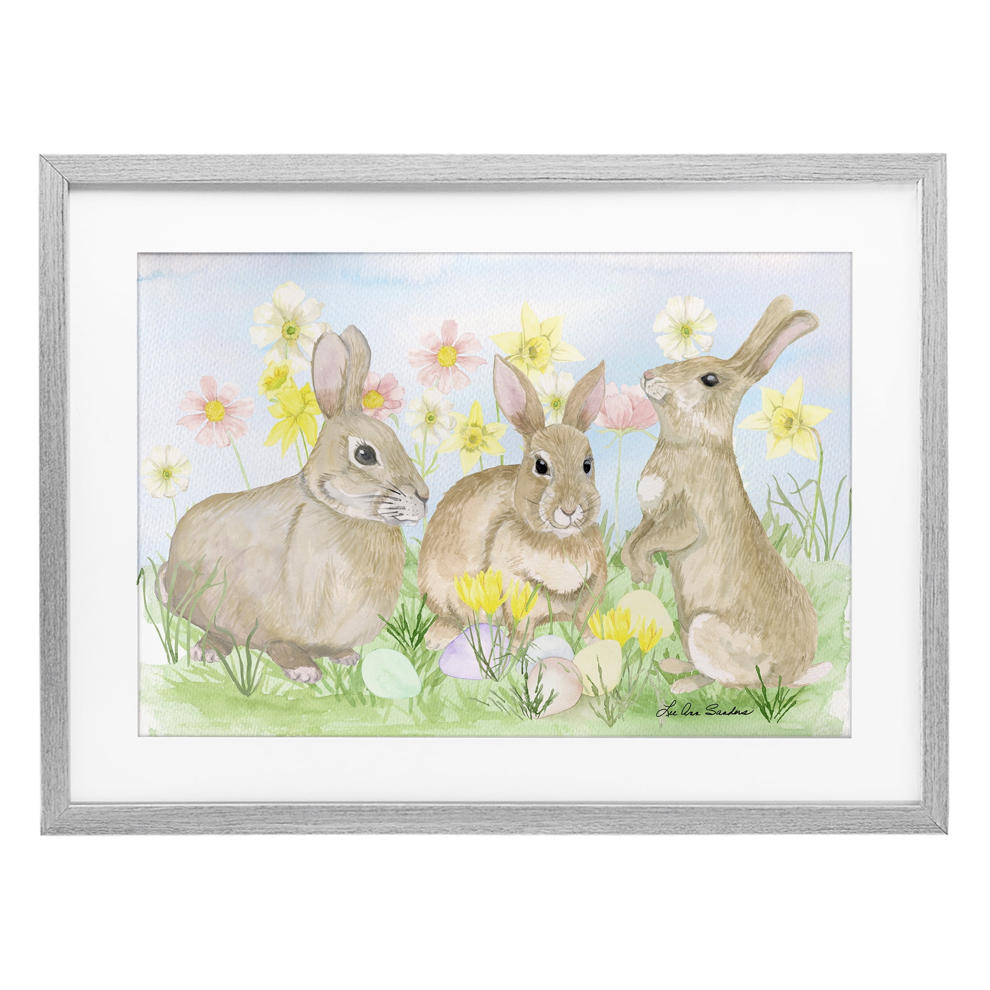 Three Bunnies In The Grass Gray Framed Print Under Glass, design by Lee Ann Sanders