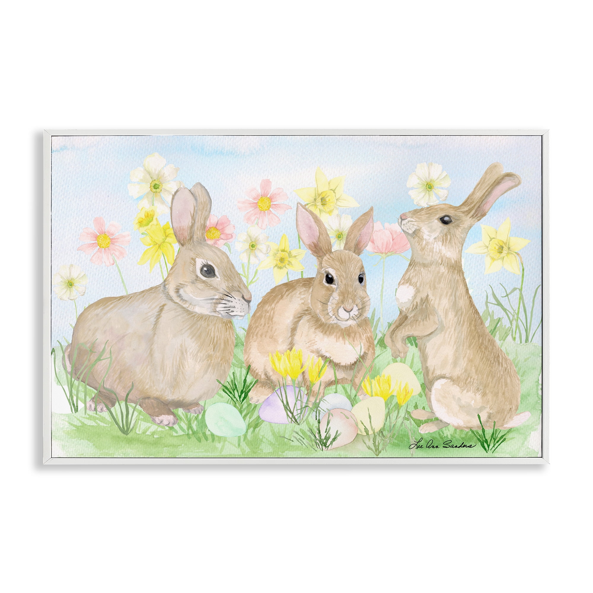 Three Bunnies In The Grass White Framed Giclee Art, design by Lee Ann Sanders