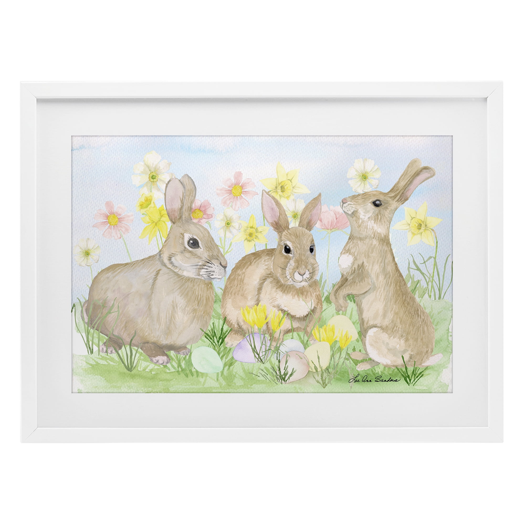 Three Bunnies In The Grass White Framed Print Under Glass, design by Lee Ann Sanders