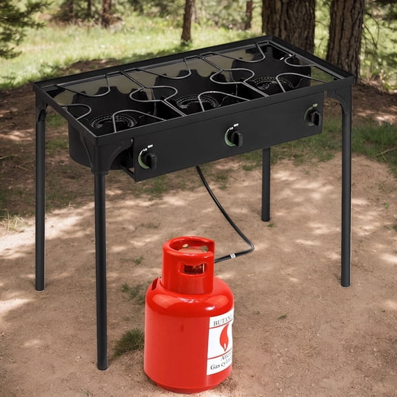 Three Burner 225000 BTU High Pressure Propane Camp Stove, Portable Cast Iron Patio Cooking Burner