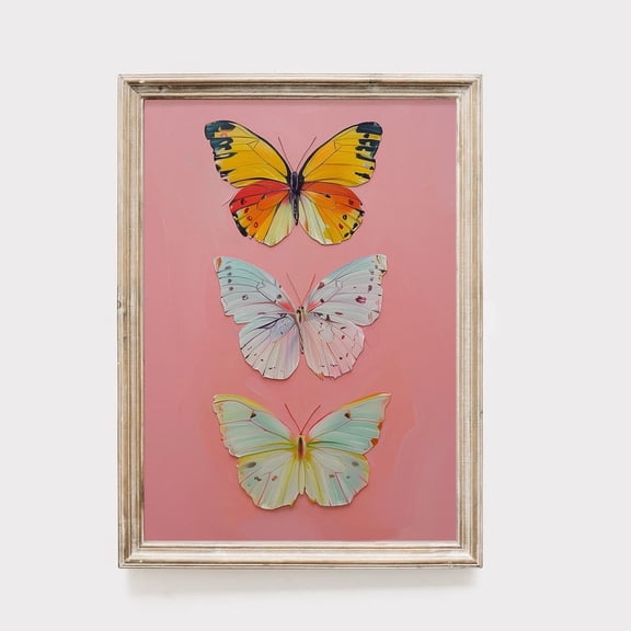 Three Butterflies Poster, Colorful Insect Wall Art, Pink Background, Nature, 24x36 UNFRAMED