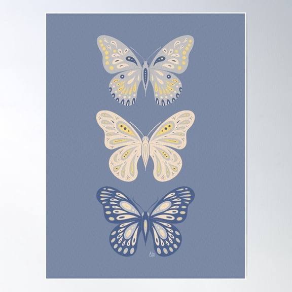 Three Butterflies - Yellow & Blue On Blue Poster Wall Art, Modern Wall Decor For Living Room Bedroom, 12x18 UNFRAMED
