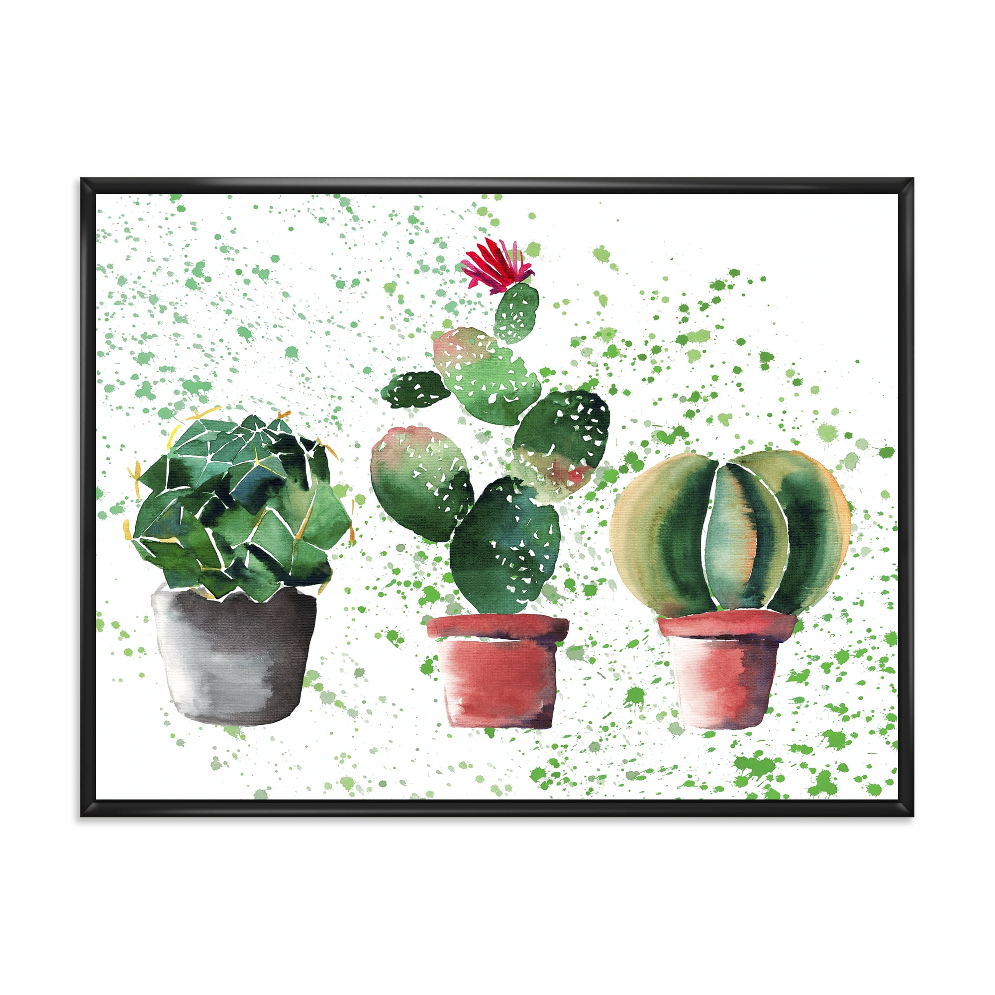 Three Cacti In Clay Pots With Green Dots 32 in x 16 in Framed Painting Canvas Art Print, by Designart