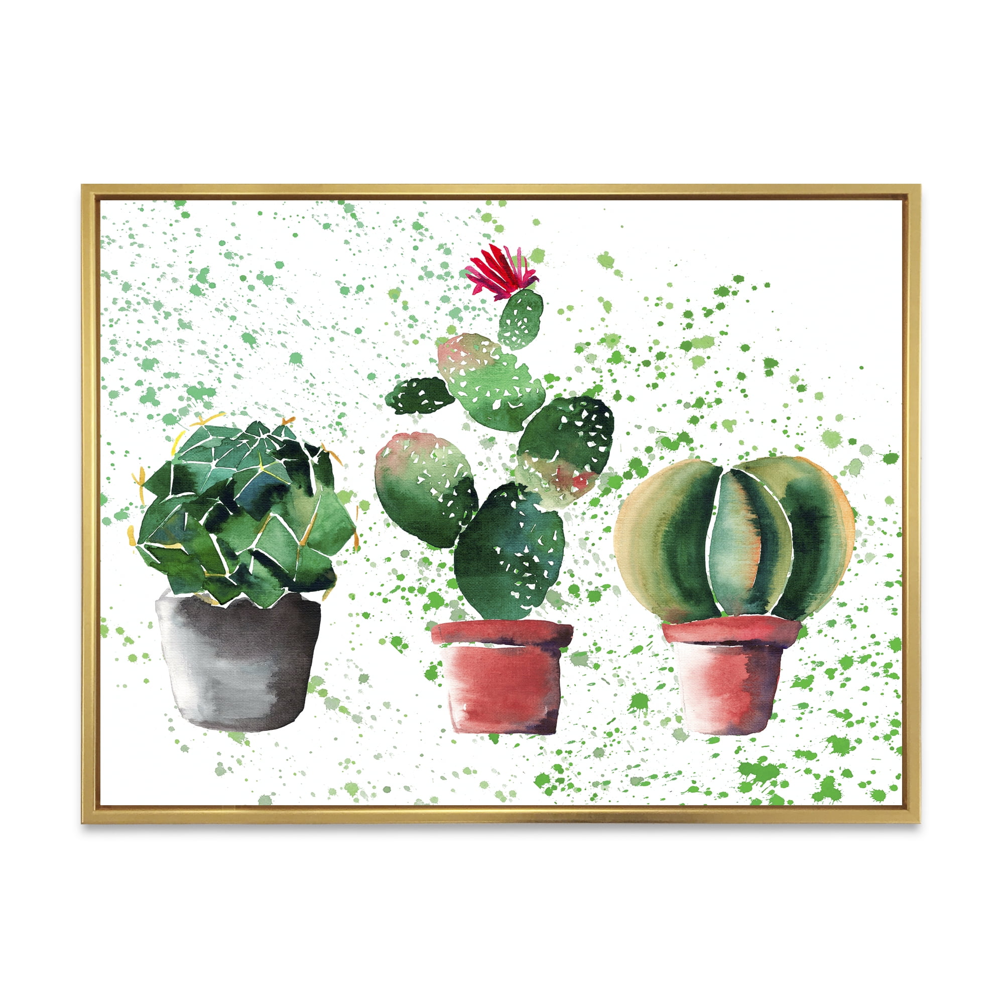 Three Cacti In Clay Pots With Green Dots 32 in x 24 in Framed Painting Canvas Art Print, by Designart