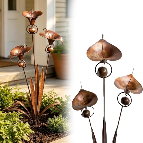 Flamed Copper Three Calla Lilies Garden Stake with Bells,Metal Flower Yard Art Decor Outdoor Wind Bell Stake for Lawn Patio Garden Decoration Rustic Ornament