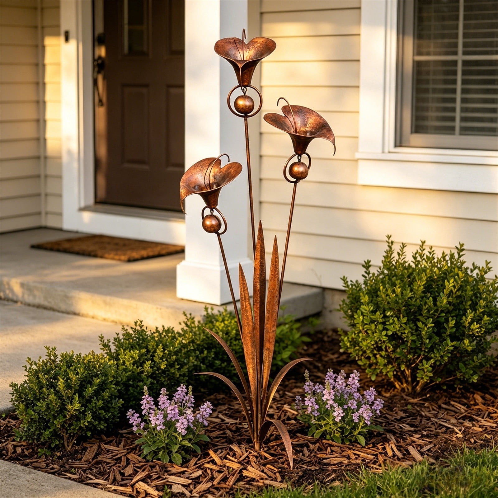 Three Calla Lilies Garden Stake with Bells, Flamed Copper Rain Catcher Flower Handmade 24inch Large Whimsical Metal Plant Sculpture Yard Art Decor, Rustic Wind Chime Ornament Gift