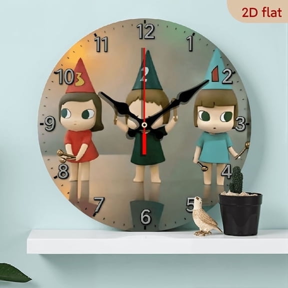 Three Cartoon Characters MDF Wood 10in Round Wall Clock, Silent Non-Ticking Battery Operated, Bedroom Living Room Office Home Decor Art, Ideal New Year Gift Choice