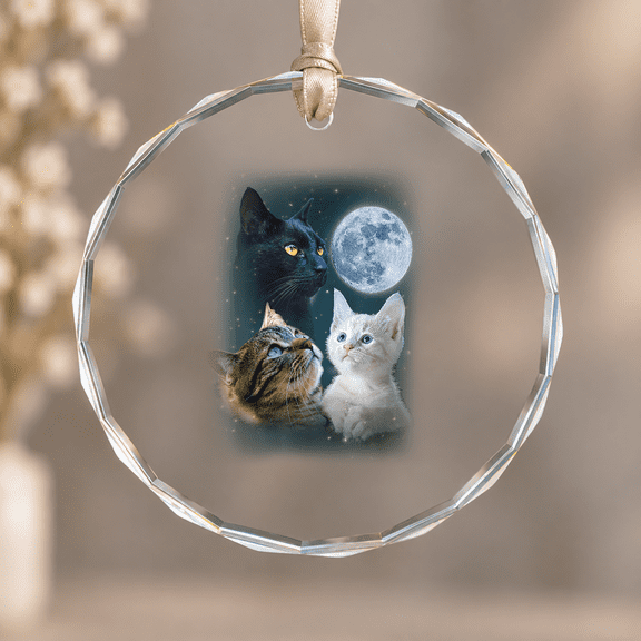 Three Cat Moon 3 Wolfs Cute Kitten Cat Christmas Ornament, Pet Lover Holiday Gift, Circle Glass Ornament
