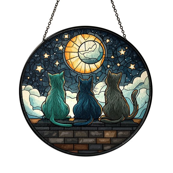 Three Cat Window Glass Suncatcher Ornament, Celestial Night Sky Light Catcher Hanging for Living Room Decor