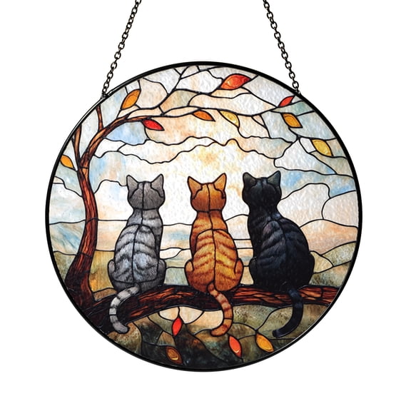 Three Cats Glass Window Hanging Decor, Whimsical Animal Scene Art with Branch Design, Decorative Light Catching Glass Accent for Home Window Display