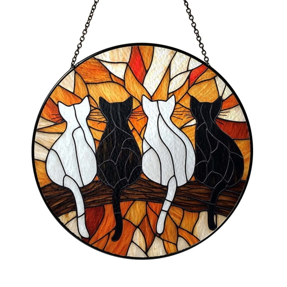 Three Cats Window Hanging Stained Glass Style Suncatcher, Black White Tabby Cat Window Panel Art Decor, Pet Window Decoration Gift