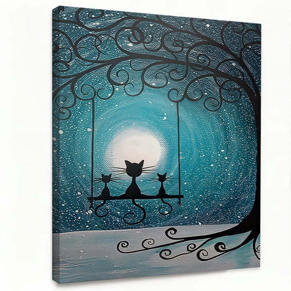 Three Cats on a Swing Under a Starry Night Tree Canvas Wall Art