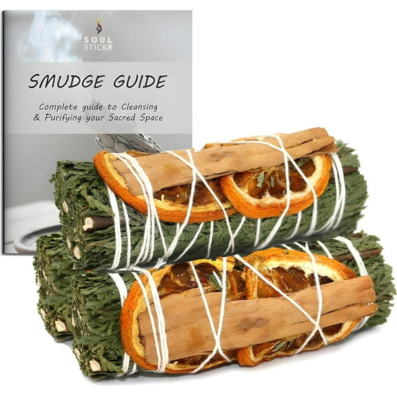 Three Cedar Orange Cinnamon Sage Smudge Sticks for Prosperity Cleansing, House Purification, Abundance, and Energy Clearing with Guide | 4-Inch Bundles