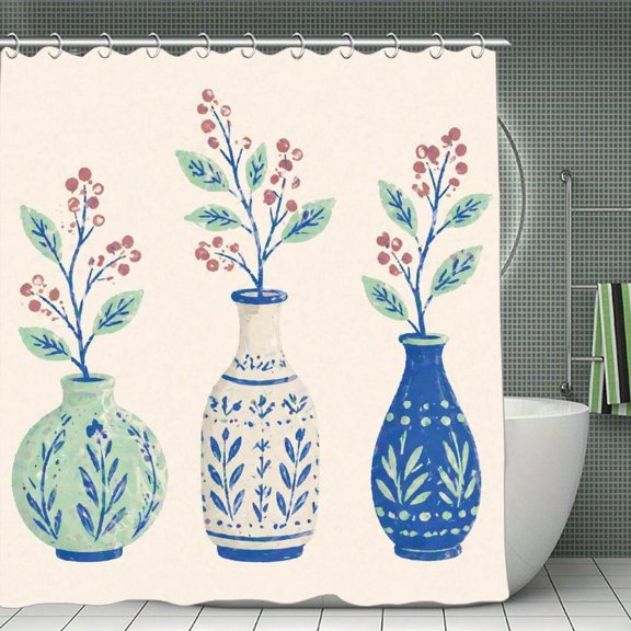 Three Ceramic Vases With Berries Print Shower Curtain 70.8×70.8Inch,Modern Fabric Waterproof Polyester Bathroom Home Decor Set with Hooks