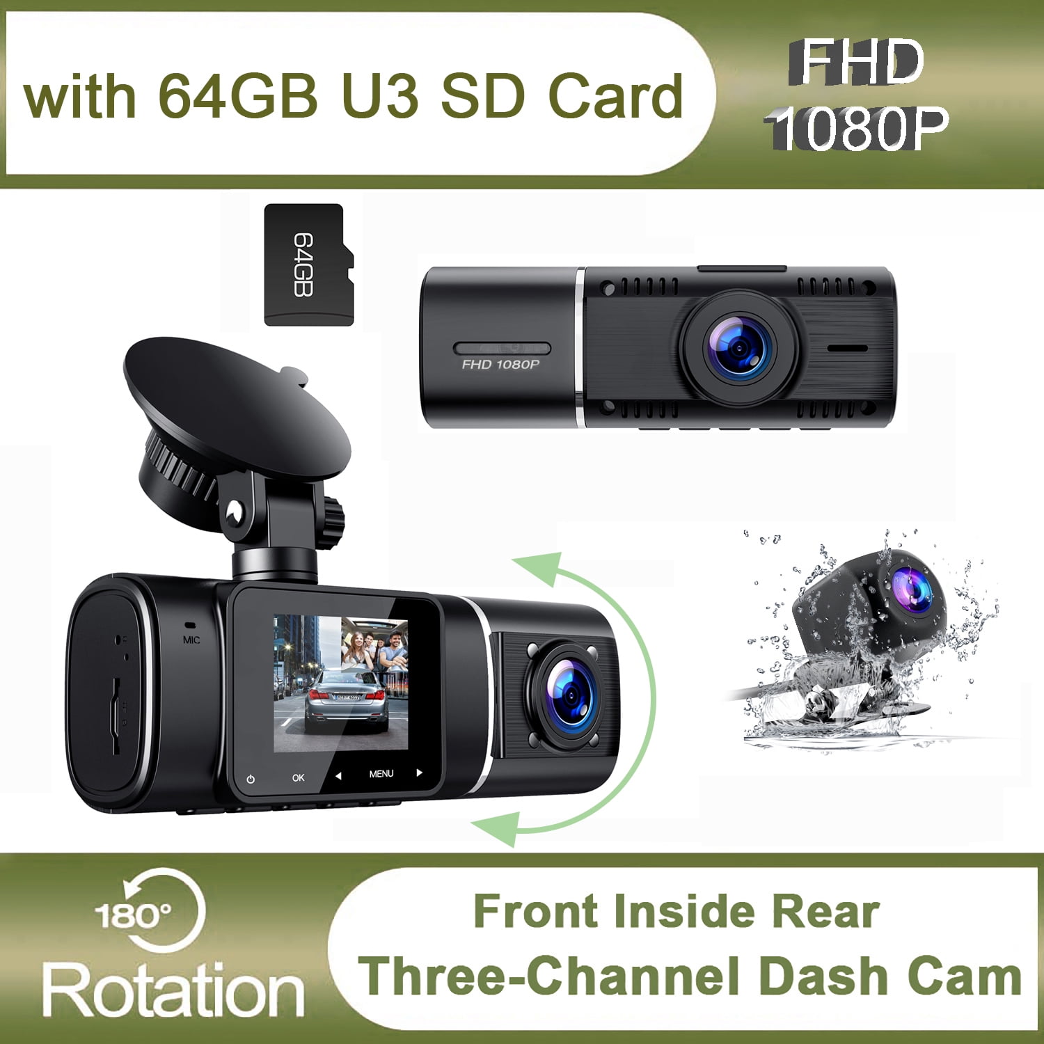 Three Channel Dash Cam Front and Rear Inside Cabin with 64GB U3 SD Card,  TOGUARD Infrared Night Vision Dash Camera for Cars Taxi/Lyft/Uber Driver 