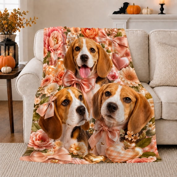 Three Cheerful Beagle Dogs Peach Bows Among Floral, Festive Pet Portrait Pattern, Warm Flannel Blanket for Living Room and Bedroom, Dog Lovers Christmas Gift, Pet Lover Home Decor