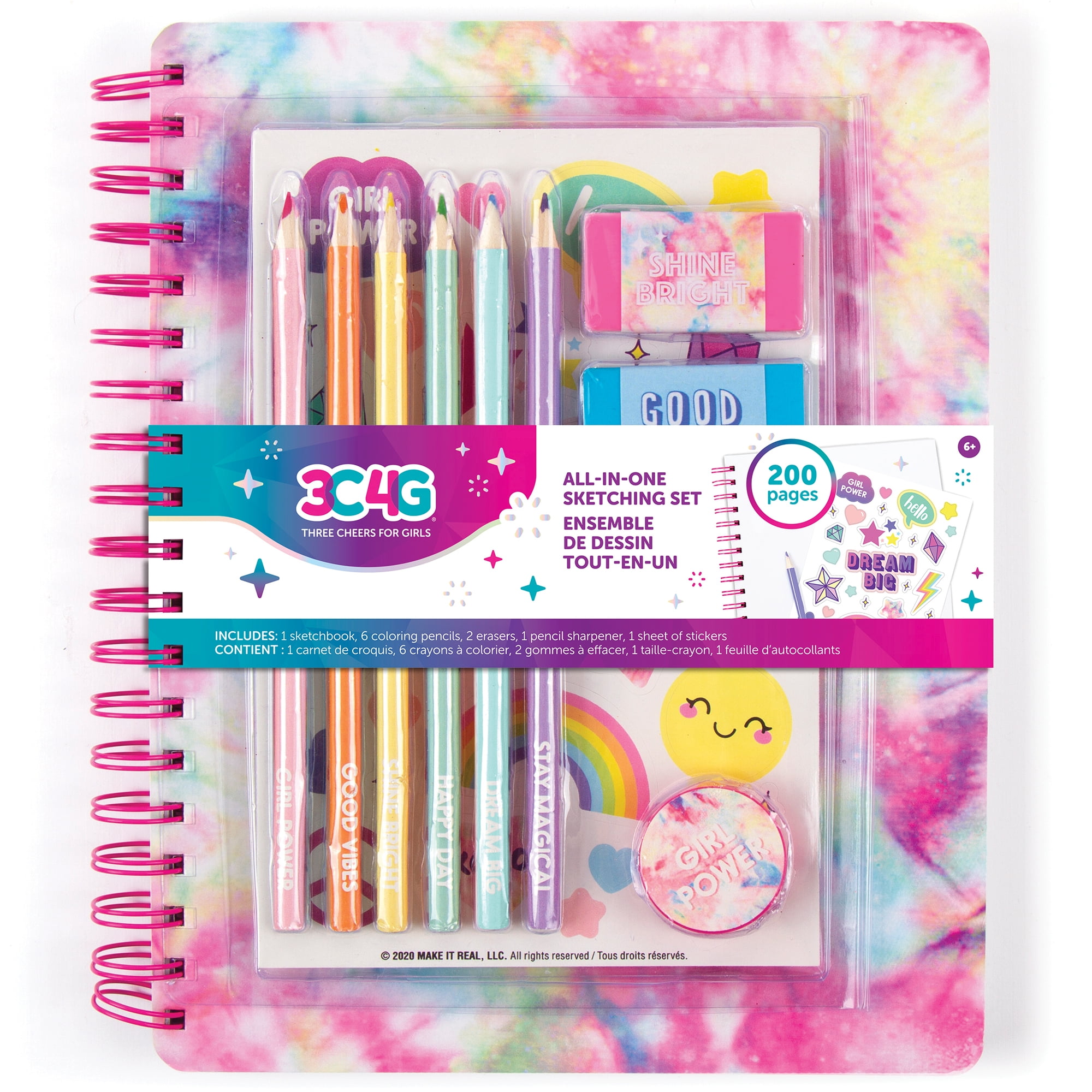 Three Cheers for Girls - Pink & Gold All-in-1 Sketchbook Set - Girls Diary,  Journal, Sketch Book for Kids w/Pencils, Stickers & More - Drawing Kit for