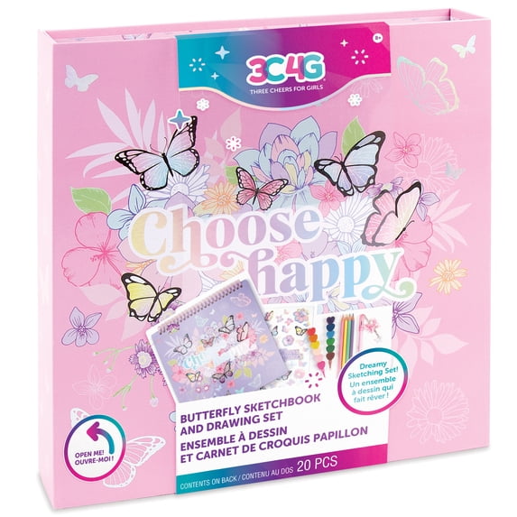 Three Cheers For Girls: Butterfly Sketchbook & Drawing 20 Piece Set - Contents Held In Butterfly Storage Box, Playful Art Supplies, Ages 8+