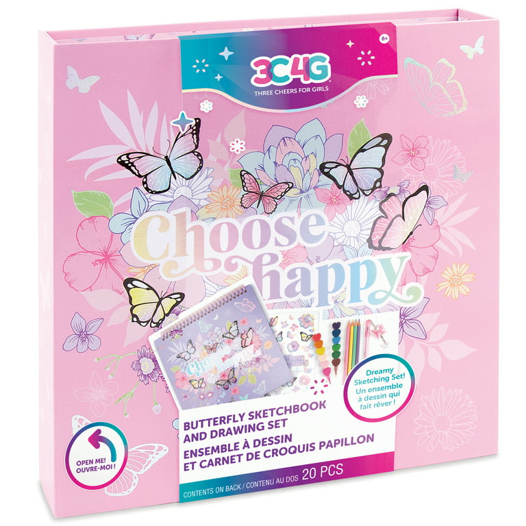 Three Cheers For Girls: Butterfly Sketchbook & Drawing 20 Piece Set -  Contents Held In Butterfly Storage Box, Playful Art Supplies, Ages 8+ 