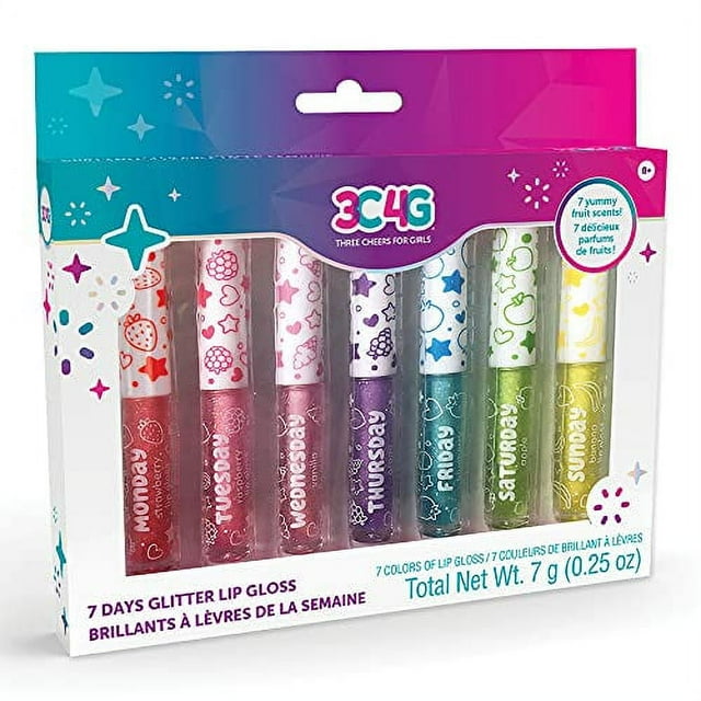 Three Cheers For Girls By Make It Real - 7 Days Glitter Lip Gloss - Flavored Lip Gloss Set For Girls - Strawberry, Raspberry, Vanilla And More! - 7 Piece Lip Gloss Kit