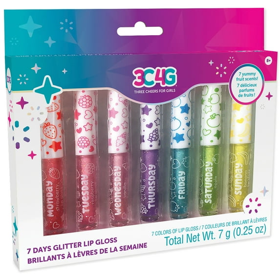 Three Cheers For Girls: 7 Days Fruit Flavored Glitter Lip Gloss Set - 7 Piece, A Color & Tasty Flavor For Every Day (Strawberry, Raspberry, Vanilla, Grape, Blueberry, Apple, Banana), Ages 8+