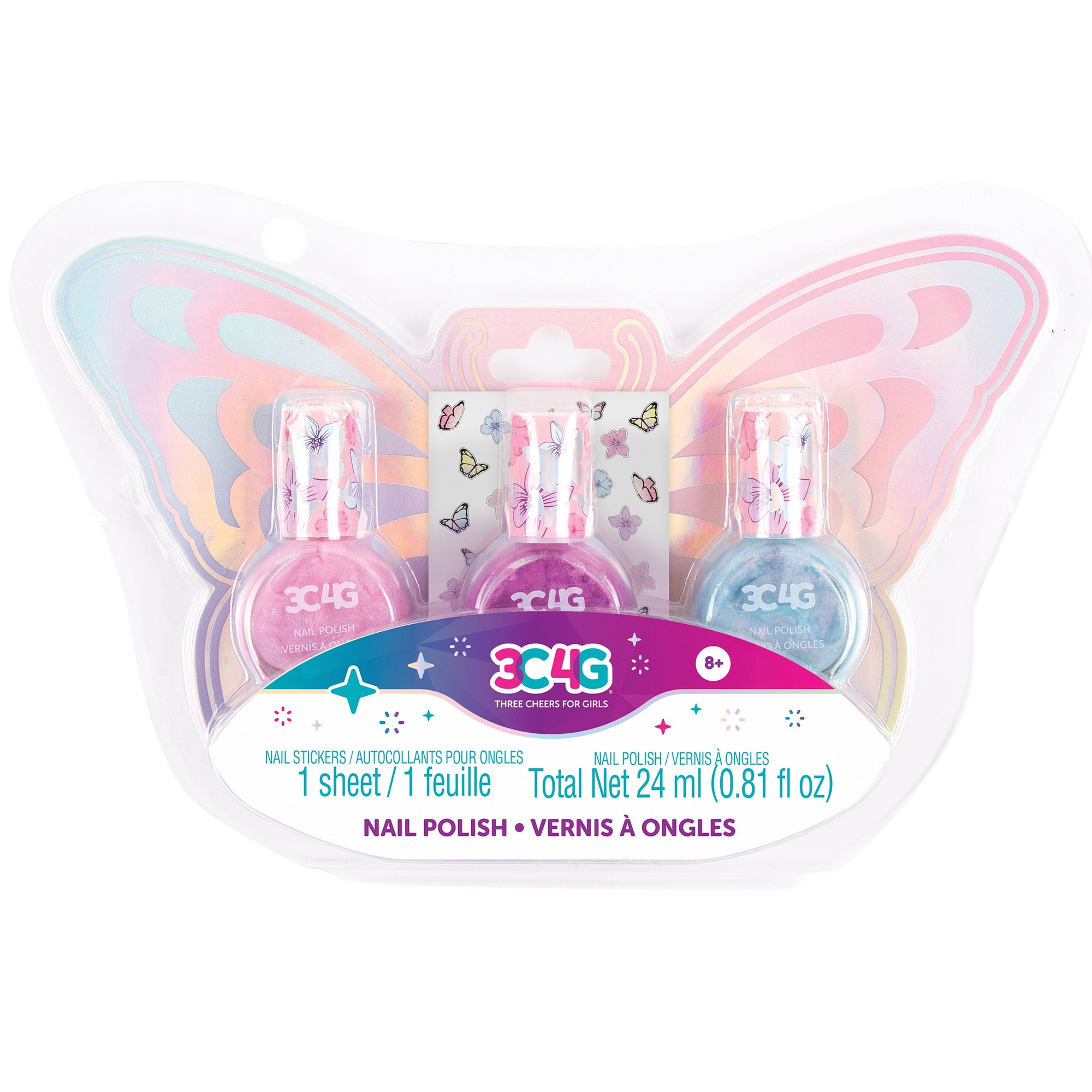Three Cheers For Girls: Butterfly Nail Polish Trio - 3 Bottles W/ Butterfly Nail Stickers, Tweens & Girls, Non-Toxic Long-Lasting Polish, Soothing Shades, Pinks & Blue, Kids Ages 8+