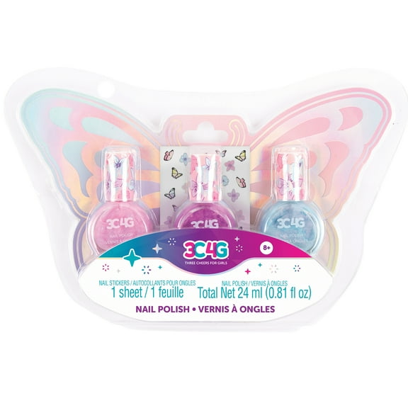Three Cheers For Girls: Butterfly Nail Polish Trio - 3 Bottles W/ Butterfly Nail Stickers, Tweens & Girls, Non-Toxic Long-Lasting Polish, Soothing Shades, Pinks & Blue, Kids Ages 8+