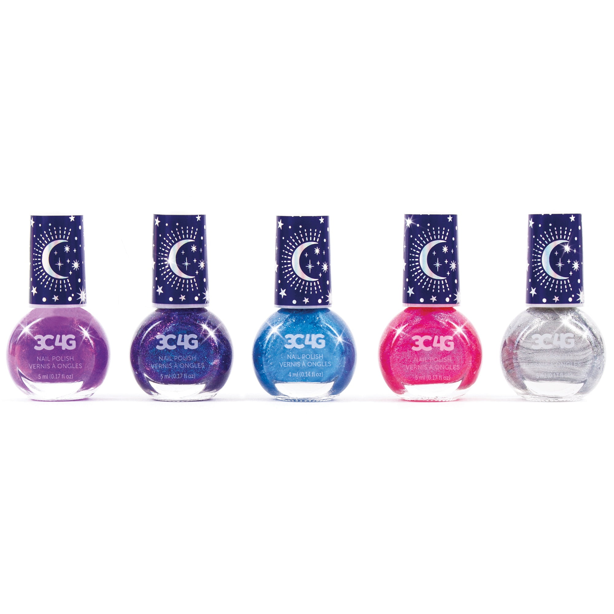 Three Cheers For Girls: Celestial Nail Polish Hexagon - 5 Bottles Of Glittering Polish, Water Based, Non-Toxic Long-Lasting Polish, Dreamy Tones, Blues Purple Pink & Silver, Ages 8+