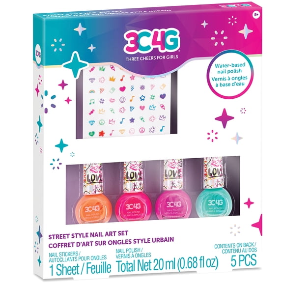 Three Cheers For Girls: Graffiti: Street Style Nail Art Set - 4 Bottles Of Polish W/ Nail Stickers, Water-Based, Non-Toxic Long-Lasting Polish, Vibrant Orange, Pink, Purple & Green, Ages 8+