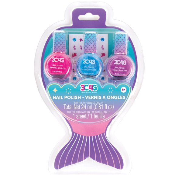 Three Cheers For Girls: Mermaid Shimmer Trio Nail Polish Set - 3 Bottles W/ Nail Stickers, Make It Real, Tweens & Girls, Non-Toxic Long-Lasting Polish, Bright Pink, Purple & Blue Shades, Ages 8+