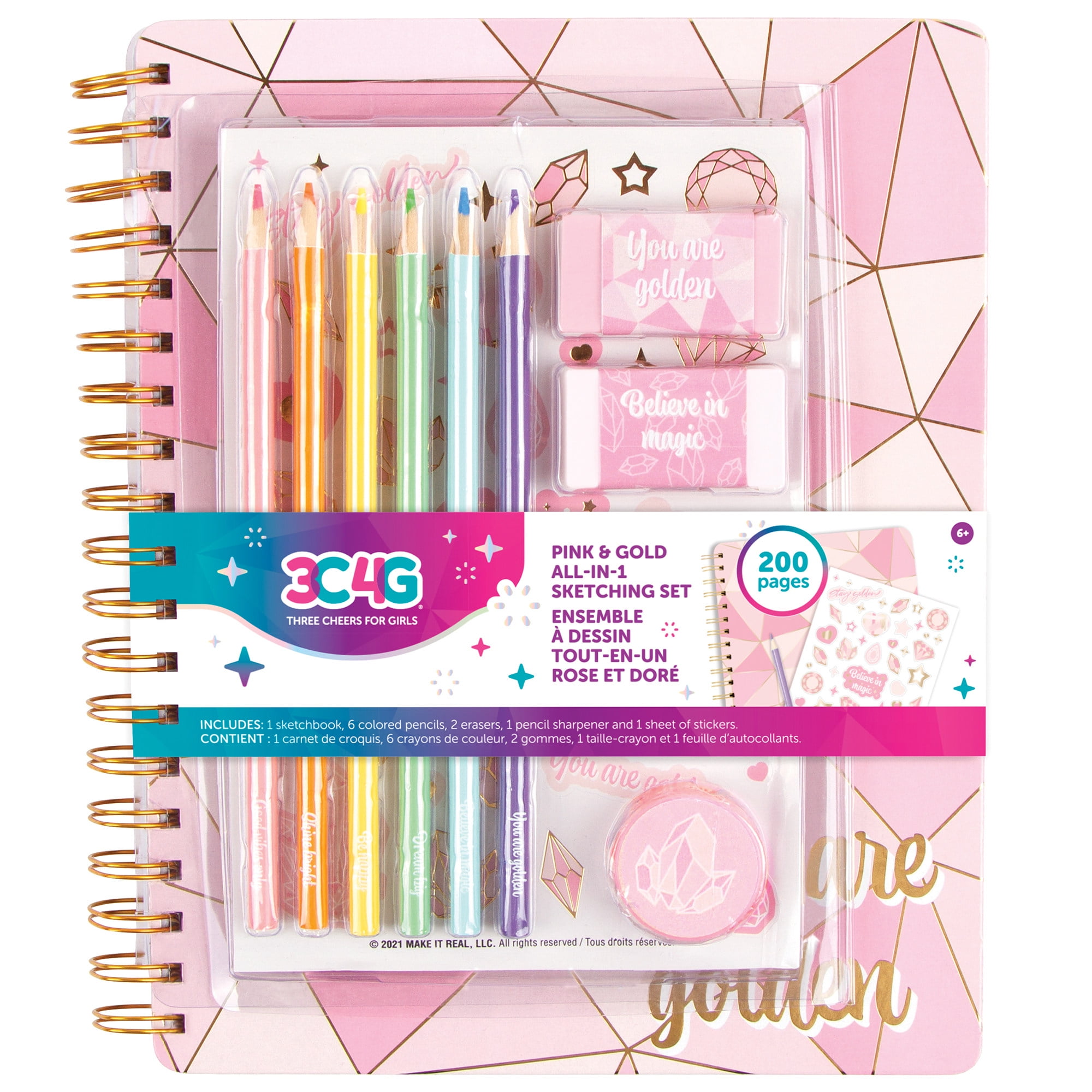 Three Cheers for Girls - Pink & Gold All-in-1 Sketchbook Set - Girls Diary,  Journal, Sketch Book for Kids w/Pencils, Stickers & More - Drawing Kit for
