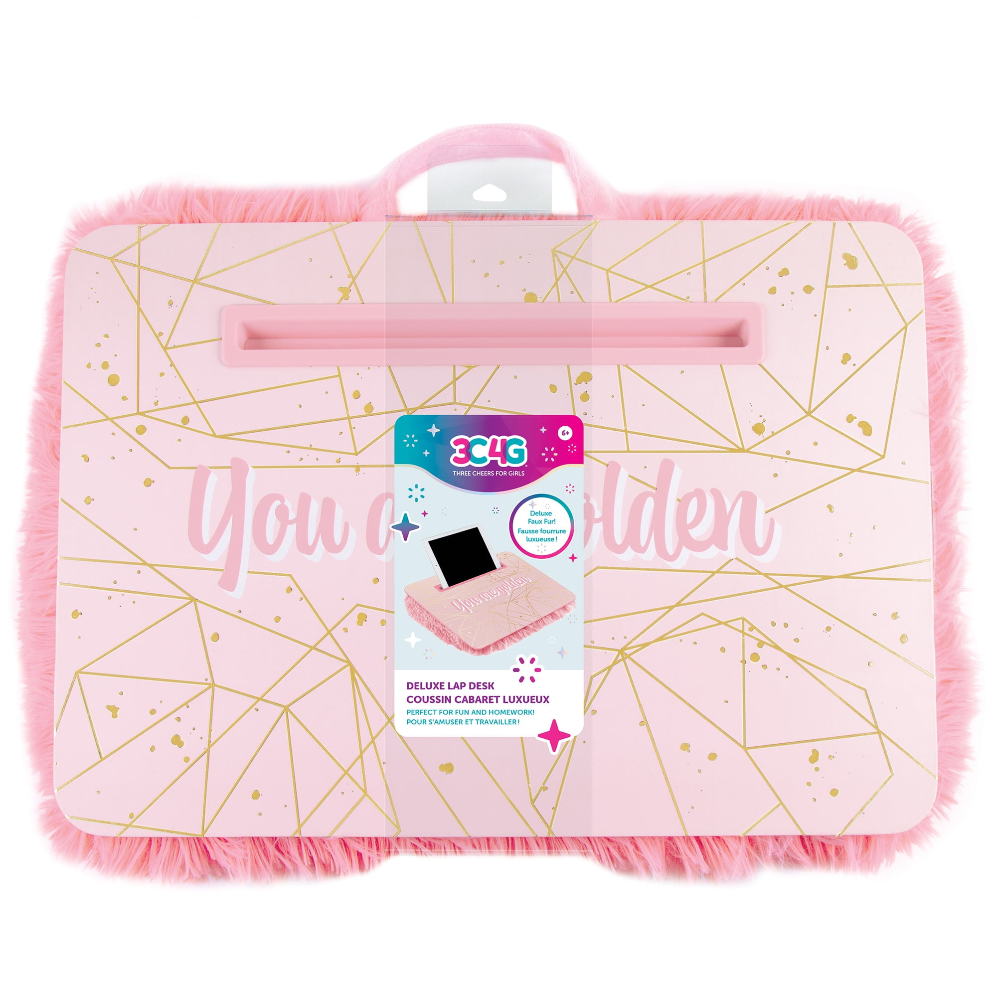 Three Cheers for Girls: Pink & Gold Deluxe Fur Portable Lap Desk -  W/ Handle & Versatile Media Slot - 12” x 17”,  Perfect For Fun & Homework, Ages 6+