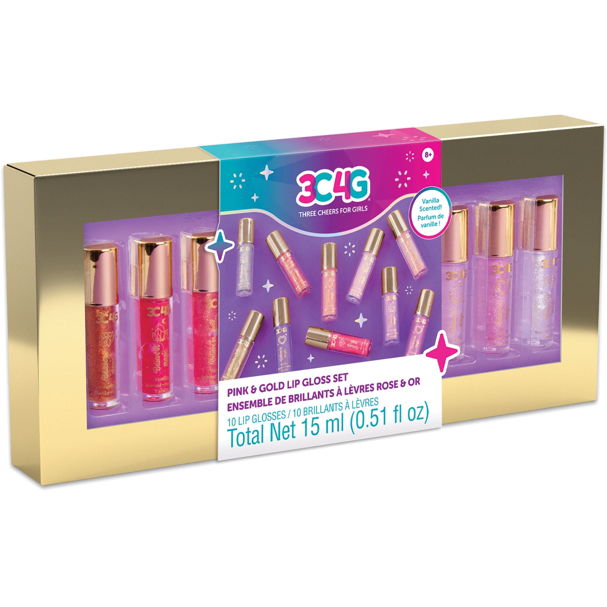 Three Cheers For Girls: Pink & Gold: Mini Wand Lip Gloss Set - 10 Pack, Shimming Vanilla Scented Gloss, Teens Tweens & Girls,  Variety Of Shades, Clear Pink Lavender & Nude, Kids Ages 8+