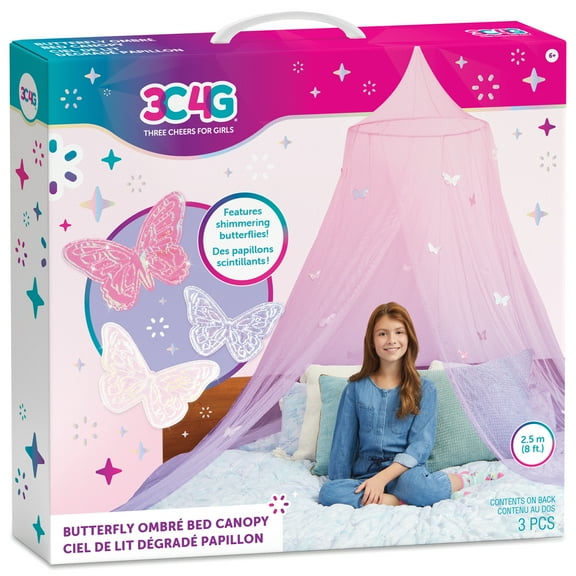 Three Cheers for Girls: Butterfly Ombre Bed Canopy - Pink & Purple Shimmering Butterflies, Bedroom Accessory, Fits Twin/Full/Queen, Kids Ages 6+