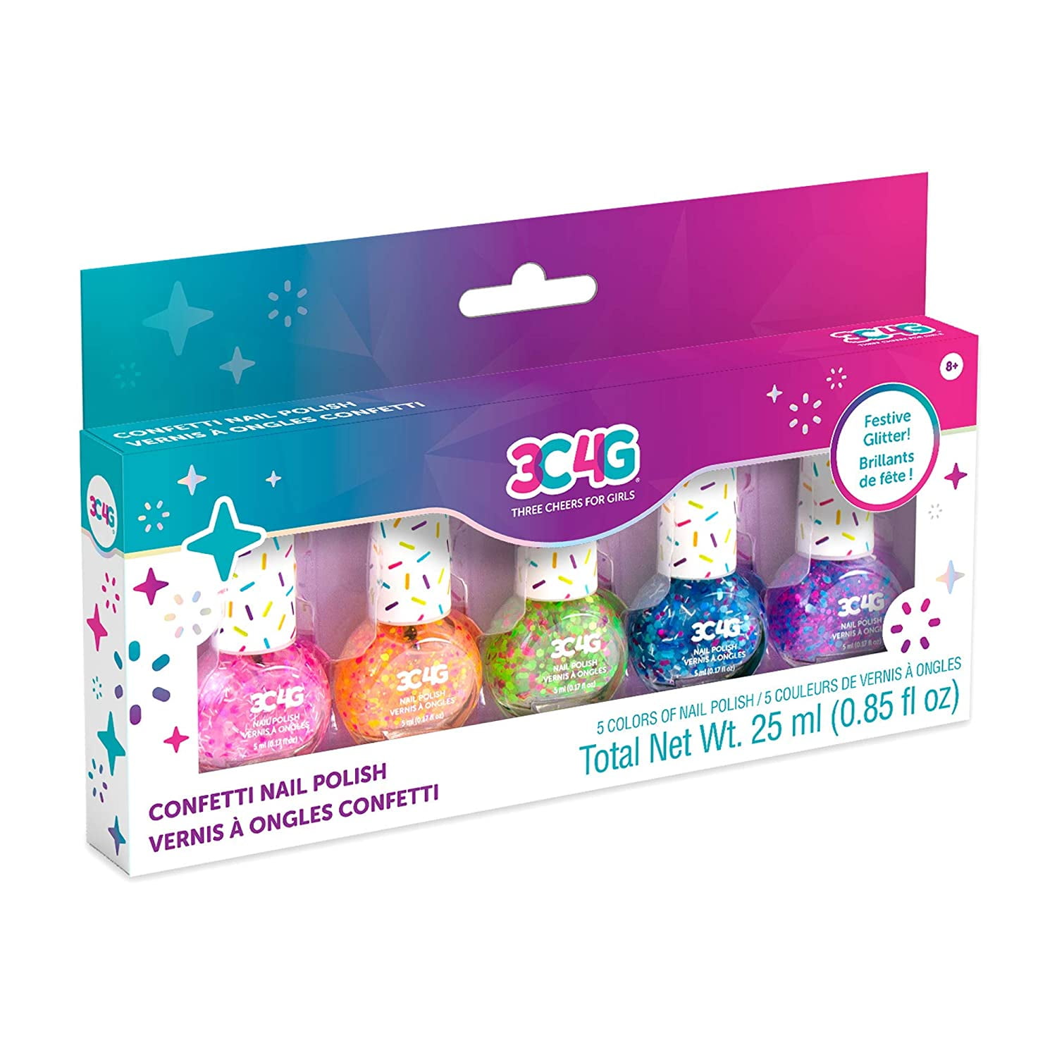 3C4G: Confetti Nail Polish Set - 5 Bottles, Make It Real, Tweens & Girls, Non-Toxic Long-Lasting Polish, Festive Glitter, Vibrant Colors, Three Cheers For Girls, Kids Ages 8+