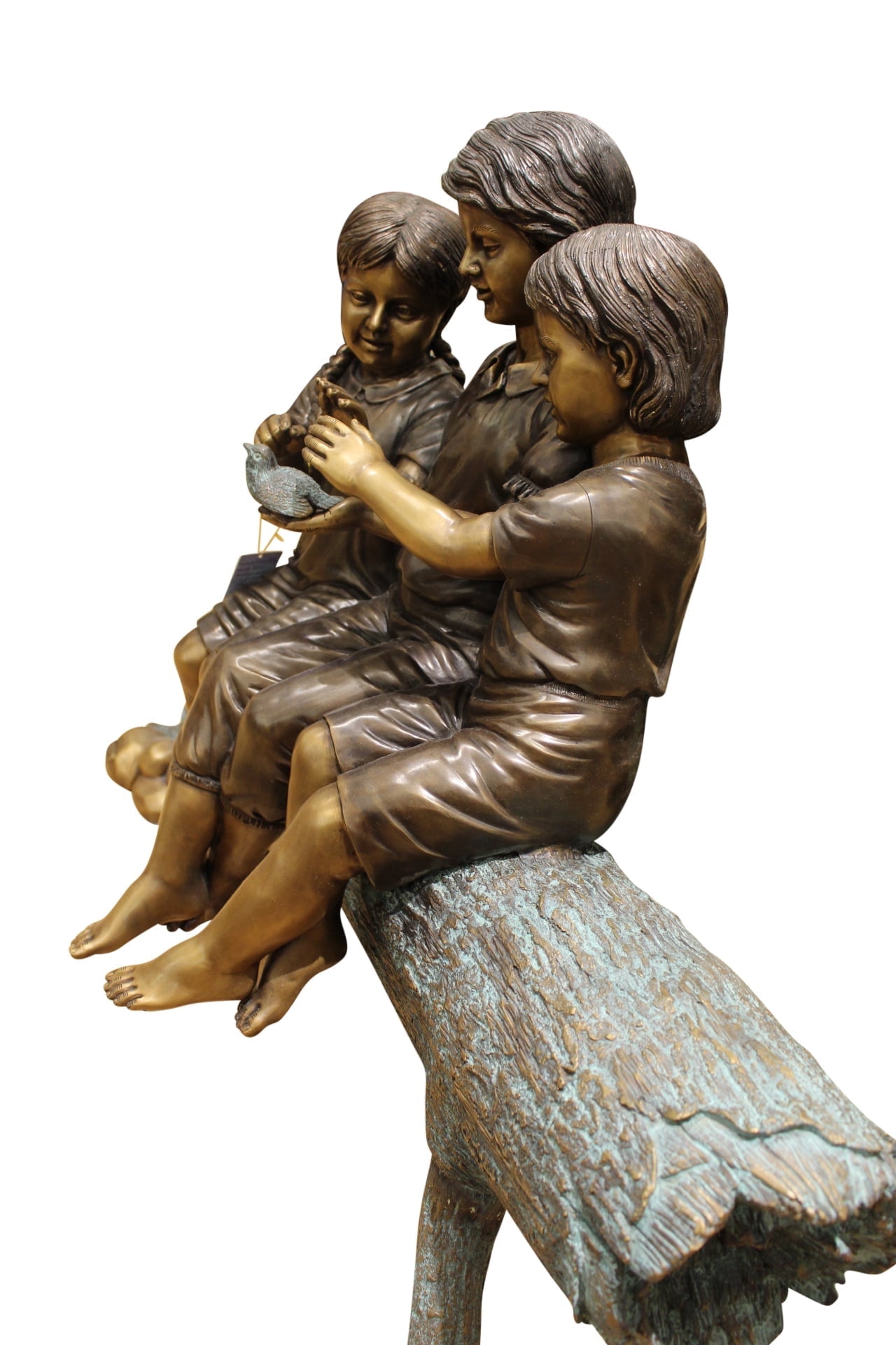 Nifao Three Children On Log Holding Bird Bronze Statue – Outdoor Garden Decor Sculpture, 55"L x 18"W x 38"H