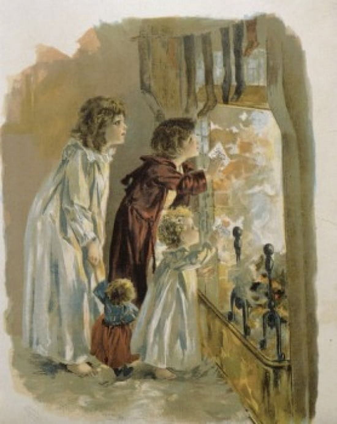 Three Children by Fireplace Nostalgia Cards Canvas Art - (24 x 36)