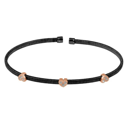 Three Clear Cubic Zirconia Hearts Open Bangle Black Rhodium And Rose Gold-Tone Plated Sterling Silver