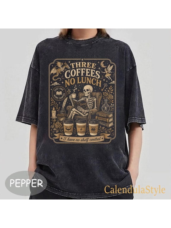 Three Coffees No Lunch Shirt, Funny Coffee Meme Shirt, Book Nerd Skeleton, Weird Funny Tee, Vintage Skeleton Coffee Shirt, Spooky Season Tee
