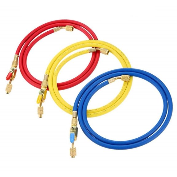 Three-Color HVAC Hose Set with Ball Valve, Brass Alloy Refrigeration Fittings for R410A R134A R407C, Leak-Proof AC Charging Hoses(A)