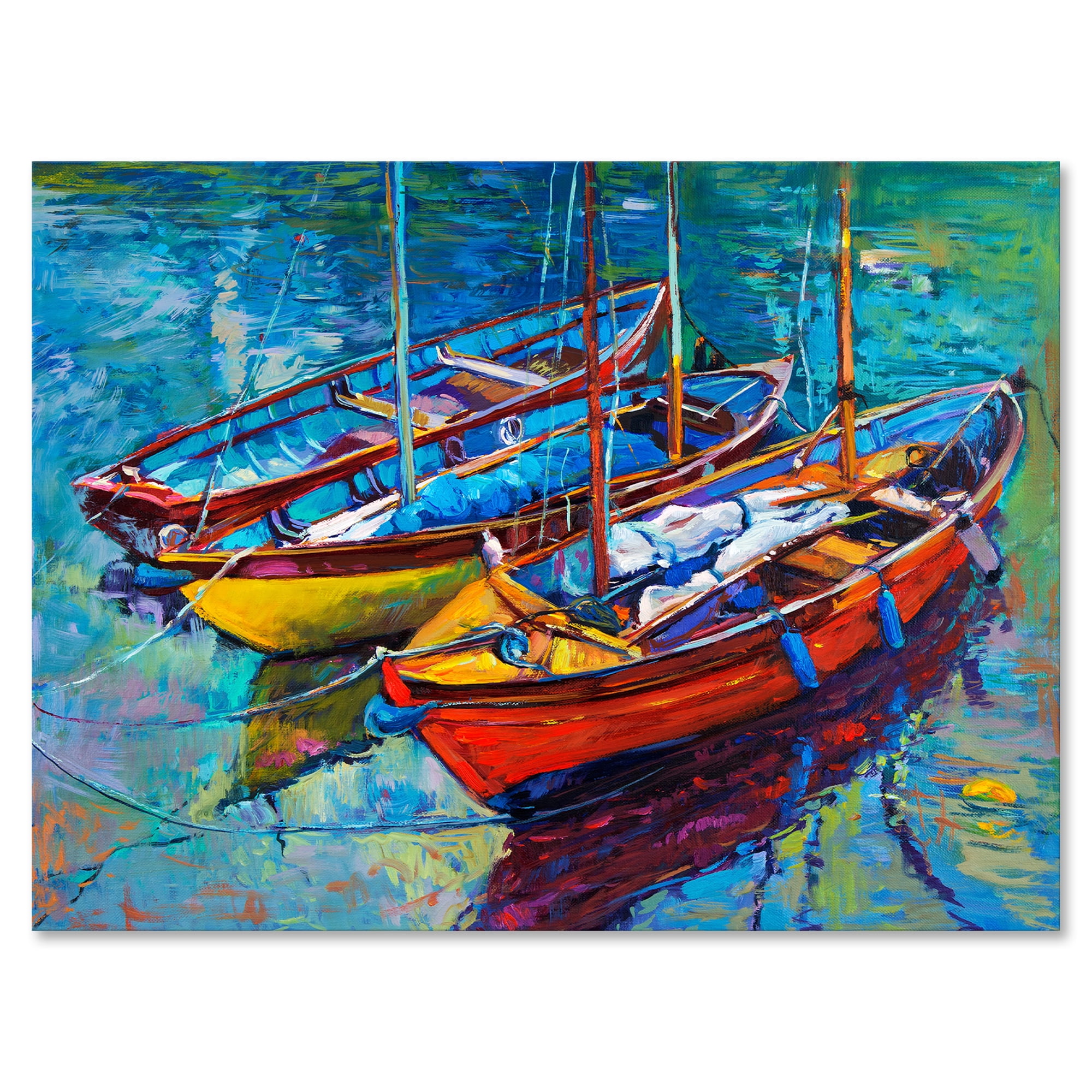 Three Colorful Boats In The Harbor 40 in x 30 in Painting Canvas Art Print, by Designart
