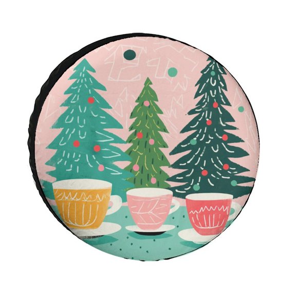Three Colorful Christmas Trees With Mugs Spare Tire Cover Winter Holiday Wheel Protectors Tyre Covers Weatherproof Wheel Covers for Fit for SUV Truck Travel Trailer 12inch