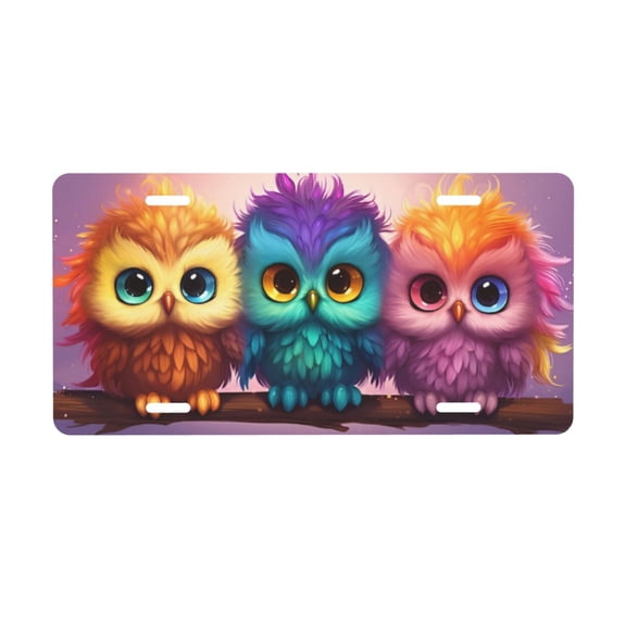 Three Colorful Owls License Plate with 4 Holes,Novelty Aluminum Metal Car Plate Vanity Tag Decorative Car Front Accessories for Women Men,6x12 Inches