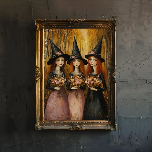 Three Colorful Witches Poster Cottagecore Decor Dark Academia Art Enchanted Illustration Vintage Witchcraft Wall Art Rustic Aesthetic