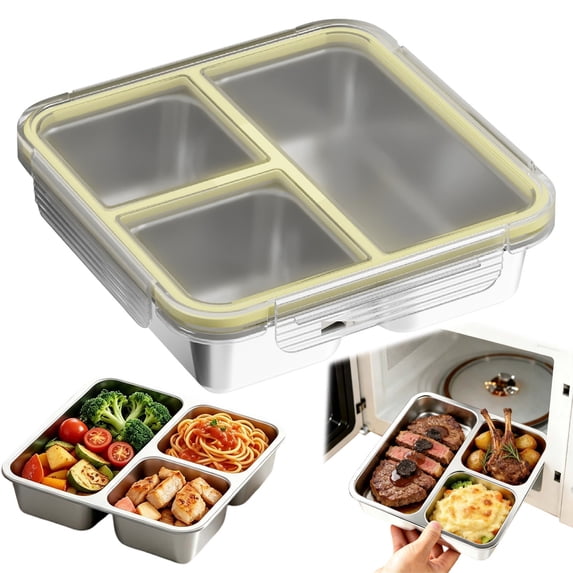 Three Compartment 304 Stainless Steel Airtight Lunch Box, Microwave Safe Portable Compartmentalized Bento Box for Work, Keeps Food Fresh