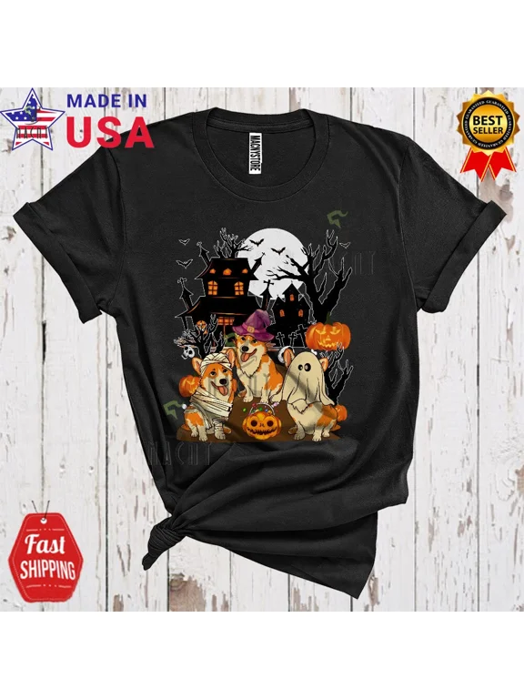 Three Corgi Mummy Pumpkin Boo Witch Funny Scary Lover Matching Halloween T-Shirt