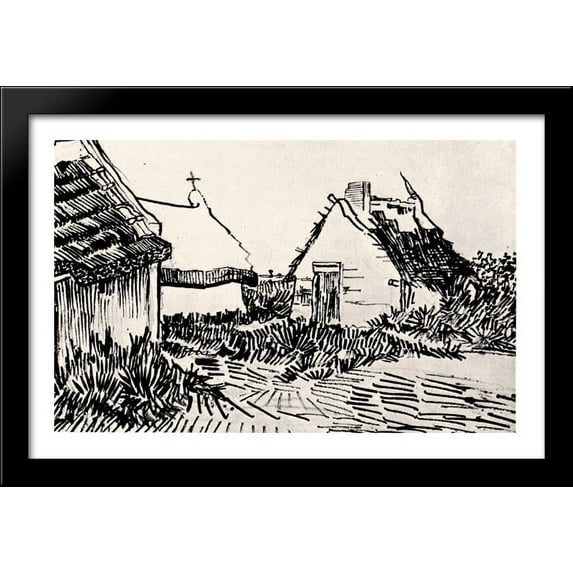 Three Cottages in Saintes-Maries 40x26 Large Black Wood Framed Print Art by Vincent van Gogh