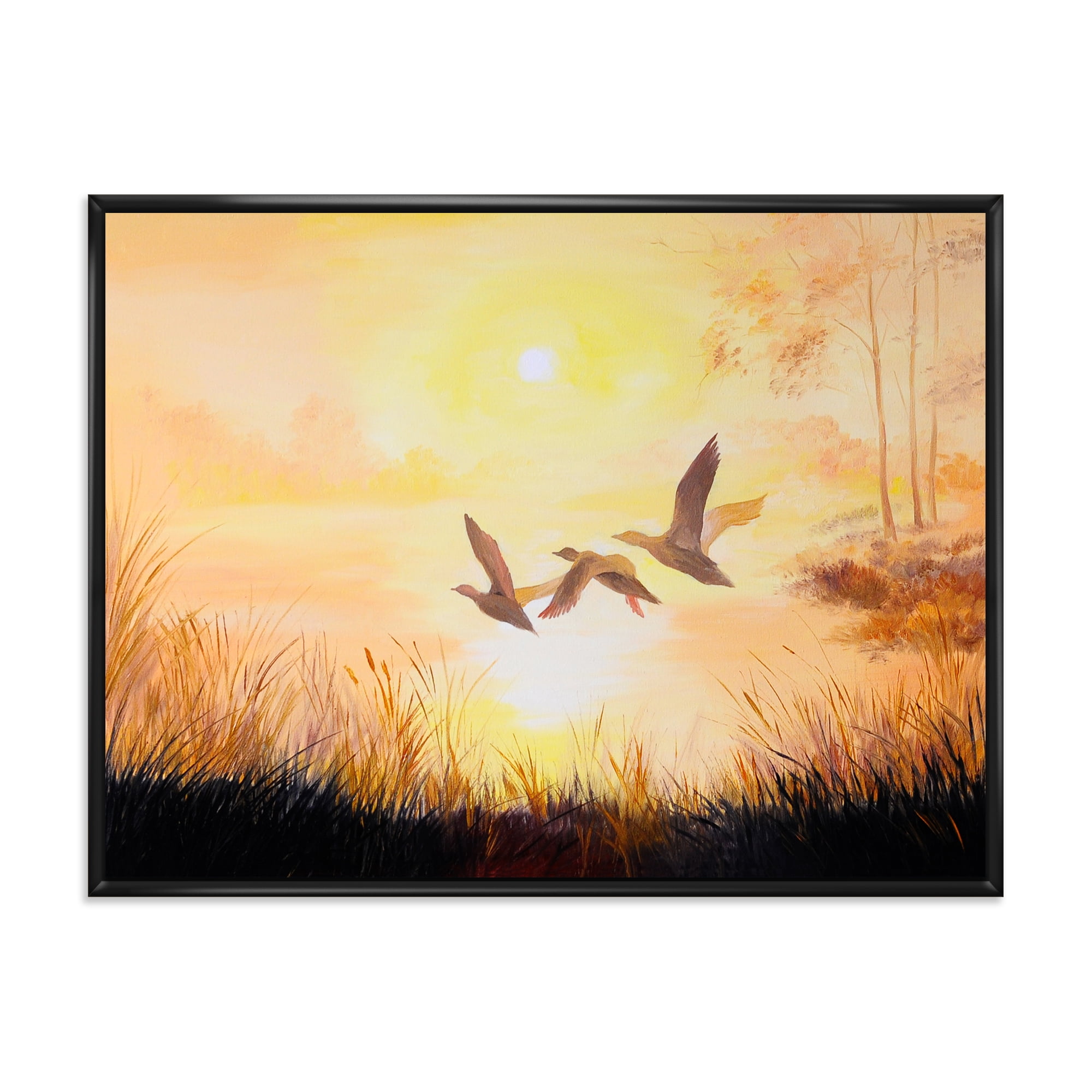 Three Cranes Flying Through Warm Sunset 32 in x 16 in Framed Painting Canvas Art Print, by Designart