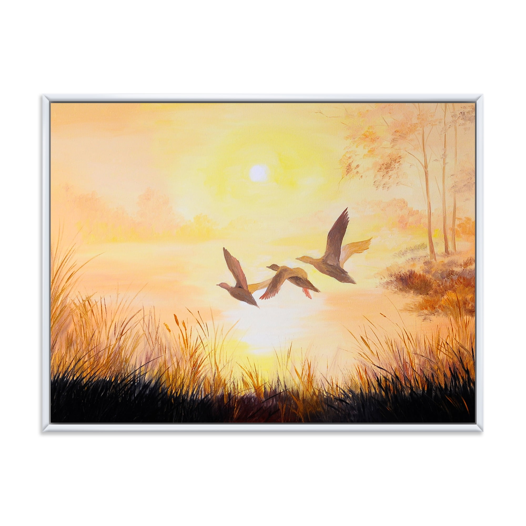 Three Cranes Flying Through Warm Sunset 32 in x 24 in Framed Painting Canvas Art Print, by Designart