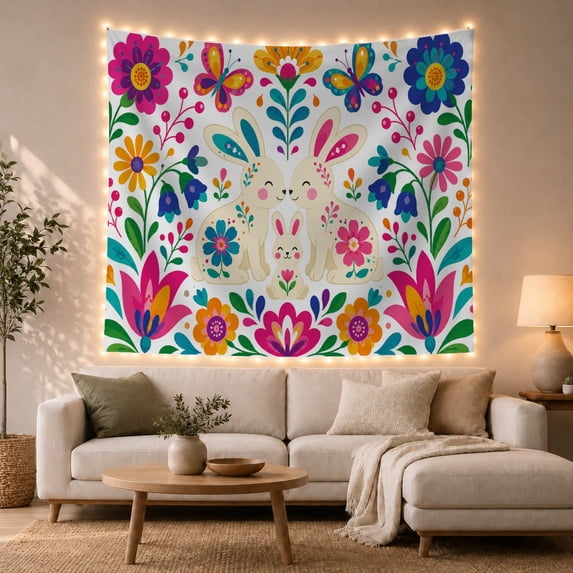 Three Cream Rabbits Set Against White Background, Whimsical Folk Art for Animal Lovers, Floral Decor Art, Holiday Gift Tapestry Wall Hanging for Bedroom and Dorm